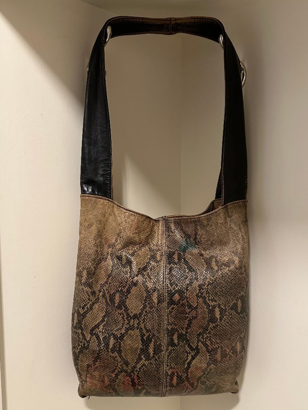 Romag bag, leather python print, black straps, distressed, slouchy, animal print